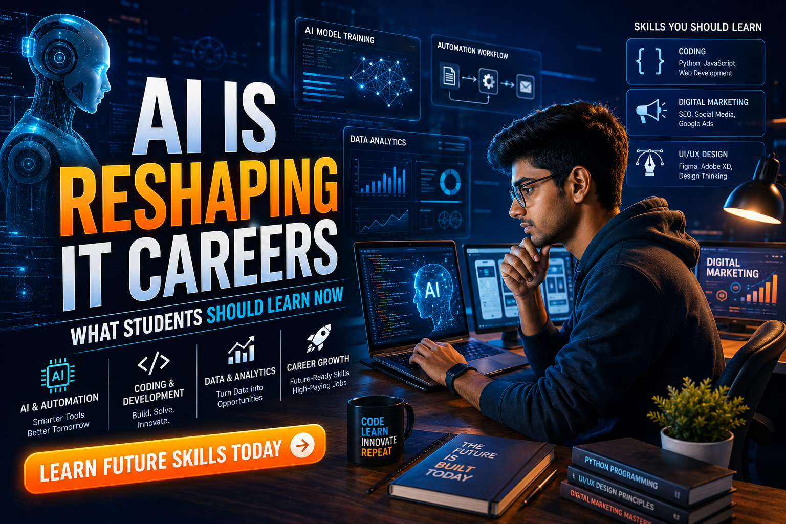 student learning future IT skills with AI technology and digital workspace