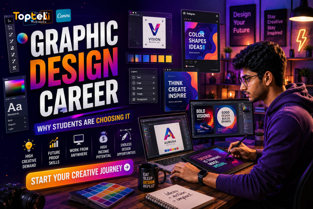 student learning graphic design using creative tools in modern digital workspace